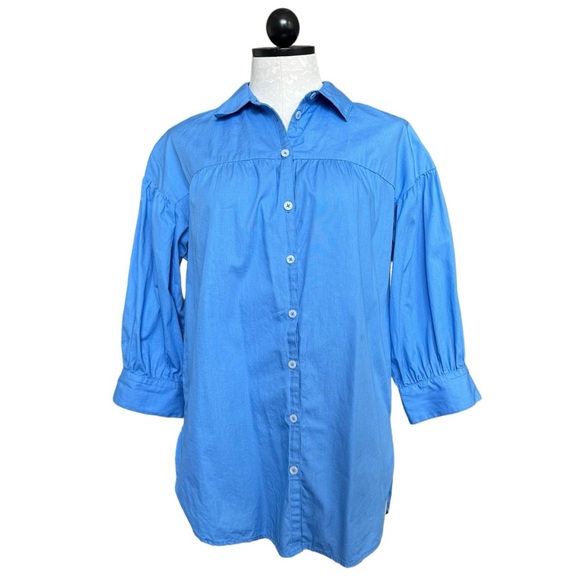 Mauve by Anthropologie Poplin Buttondown Shirt 3/4 Puffed Sleeve Blue Size Small - Picture 5 of 16